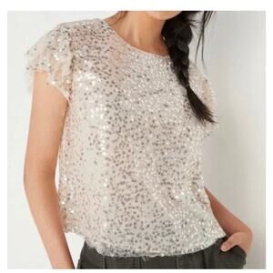 Anthropologie Ivory Pamela Sequined Blouse round neck short sleeves size small